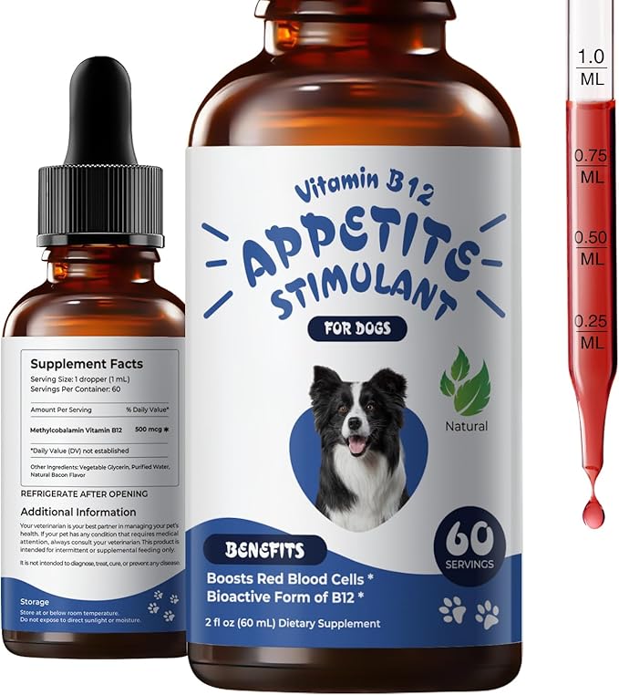 Appetite Stimulant for Dogs – Liquid Vitamin B12 Drops, Methylcobalamin(Methyl B12) Dog Supplement, Boosts Appetite, Energy, Mood, Recovery - 2 fl oz (60ml)
