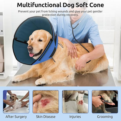 Queenmore Dog Cones for Large Dogs, Soft Dog Cone Collar for Large Breeds, Cone for Dogs After Surgery, Adjustable Elizabethan Collar for Pet to Prevent Licking Wounds, Blue L
