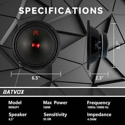 MX65P1 Loudspeaker 6.5 Inch Midrange 200 Watts 4 Ohms Red Dust Cap, Premium Quality Audio Door Speakers for Car or Truck Stereo Sound System, Black (2 Speakers)