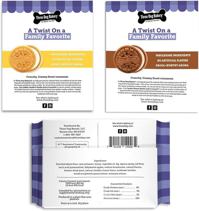 Three Dog Bakery Classic Cookies Dog Treats Variety Pack - Peanut Butter, Vanilla, & Carob Crunchy Treats for Dogs - 3 Pack