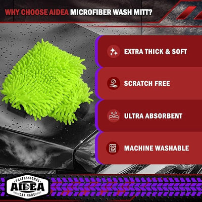 AIDEA Car Wash Mitt Microfiber, 2PK, Car Wash Brush, Green, 8''X12'' | Scratch Free Lint Free, Premium Chenille Microfiber Wash Mitt, Cleaning Supplies, Extra Large Size