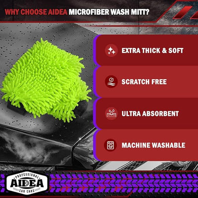 AIDEA Car Wash Mitt Microfiber, 4PK, Car Wash Brush, Green, 7.12''X10.14'' | Scratch Free Lint-Free, Premium Chenille Microfiber Mitt, Cleaning Supplies, Regular Size
