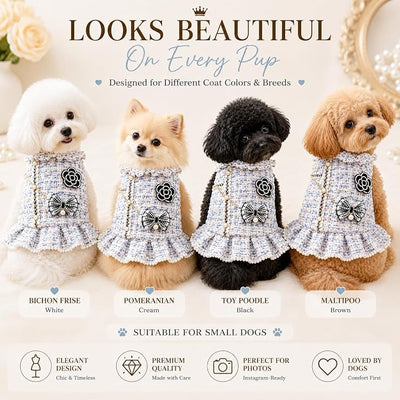 Spring Fall Winter Dog Tweed Coat with Pearl Design, Warm Fleece Dog Dress for Small Medium Dogs & Cats, Cute Puppy Clothes with Bow & Flower, Luxury Pet Outfit for Girls(Blue, M)