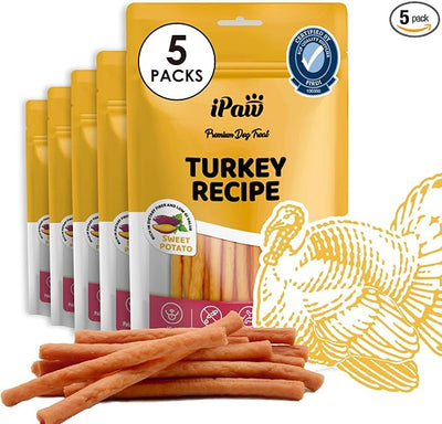 iPaw 5 Stock-Up Combo Turkey Dog Treats, SQF Certified Human Grade Dog Treat, Suitable for Training Chew, Hypoallergenic, Rawhide Alternative, Thin Stick (Sweet Potato), 5 Packs