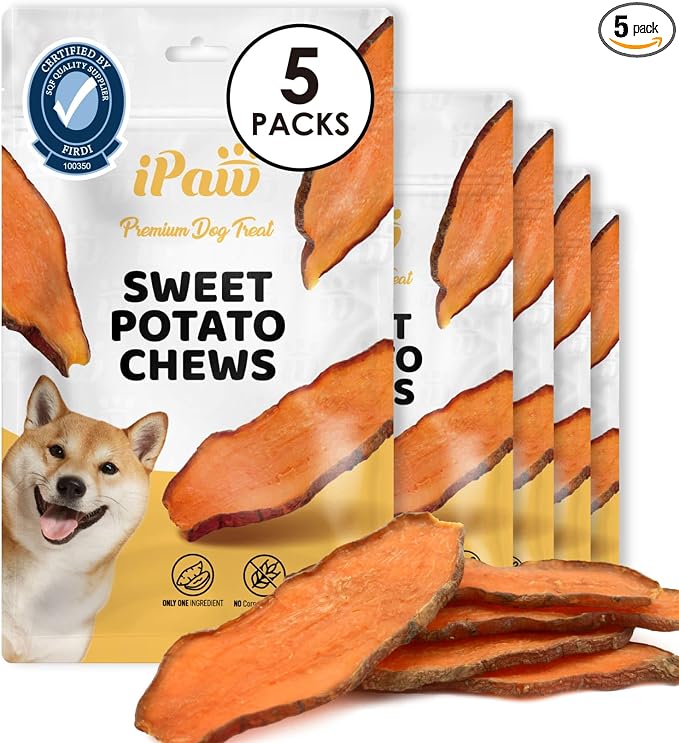 iPaw Sweet Potato Chews for Dogs, Single Ingredient Dog Treats for Vegetarian, All Natural Human Grade Puppy Chew, Rawhide Alternative, Hypoallergenic, Easy to Digest, 5 Packs