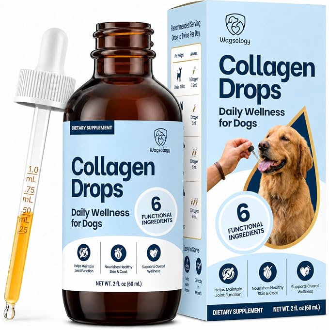 Liquid Collagen for Dogs - Dog Collagen Drops for Dogs, Supports Joints, Skin, Coat, Bones and Itch Relief for Dog, 6 in 1 Formula, 3 Types Collagens, Biotin, Vitamin C, Vitamin E and Hyaluronic Acid