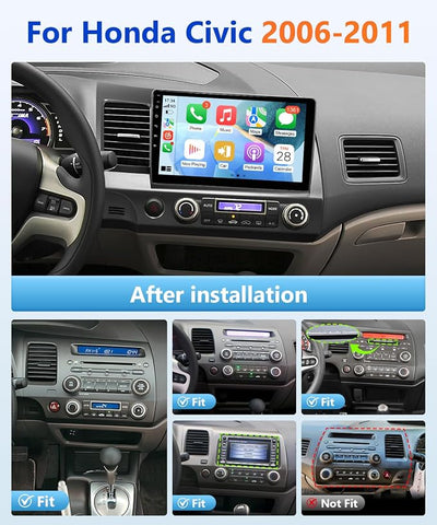 8Core Android Radio for Honda Civic 2006-2011 Wireless Carplay Android Auto, 10.1" IPS Touch Screen for Civic Stereo GPS 5G WiFi FM RDS EQ RDS Mirrorlink SWC, Fit GPS Large Navi Screen