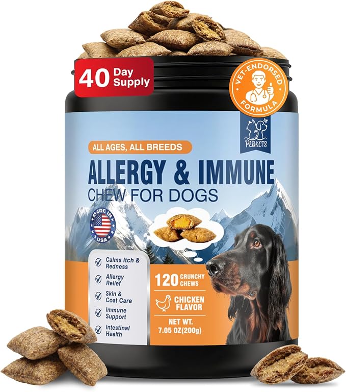 Dog Allergy Chews-120 Crunchy & Creamy Chews, anti-Allergy & Itching Skin Relief Bites Immune Support, with Omega 3 Fish Oil Probiotics for Seasonal All Issues Allergies Made in USA Chicken Flavor
