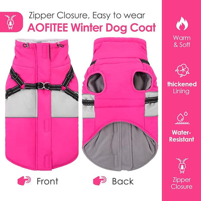 AOFITEE Dog Coat, Warm Dog Jacket with Harness Built in, Waterproof Coats for Small Dogs, Dogs Winter Coat Puffer Jacket with Zipper & Fleece Collar, Pet Snowsuit Sweater for Chihuahua Yorkshire, XS