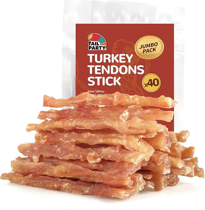 TailParty Turkey Tendons for Dogs (Strip, 1 lb), All Natural Dental Chews, Rawhide Alternative, Long-Lasting Training-Reward Treats for Health-Conscious Pet Owners(40 /Pack)