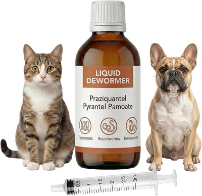 Liquid DeWormer for Cats and Dogs, Praziquantel & Pyrantel Pamoate, Targets Tapeworm, Roundworm & Hookworm, Dewormer for Puppies(6-25 lbs) & Kittens, 3.4 fl oz (100 mL) with Syringe