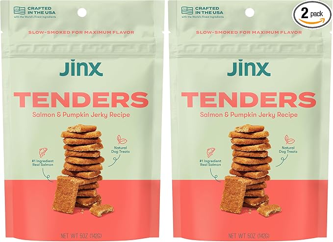 Jinx Tenders Salmon Jerky Dog Treats, All-Natural Ingredients, Soft and Chewy, Low-Calorie, Slow-Smoked Salmon & Pumpkin, No Fillers, 5oz (Pack of 2)