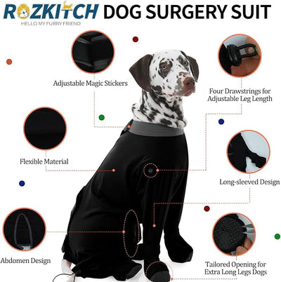 ROZKITCH Post-Surgery Dog Recovery Suit, Anti-Licking Bodysuit for Dogs, Neuter & Spay Recovery Shirt, Full Coverage Surgical for Medium Dogs, Cone Alternative Four-Sleeve Black L