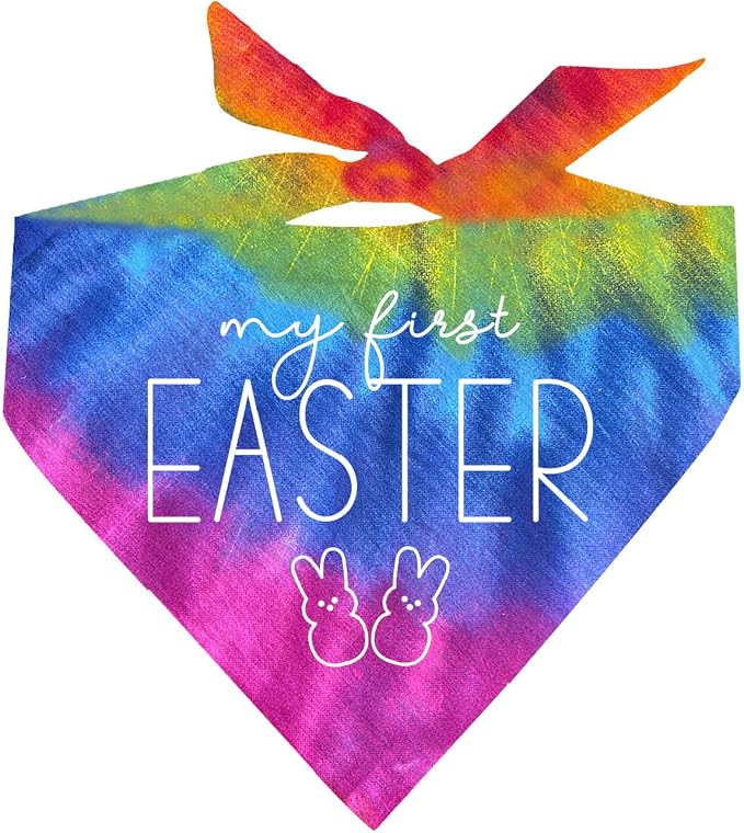 My First Easter Dog Bandana | 100% Cotton Tie Dye Triangle | Made in USA | Easter Bunny | Egg Hunt| Funny Outfit Prop Photoshoot | Sunset, One Size (392)