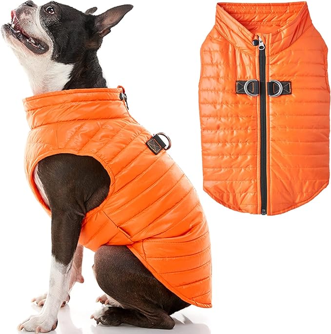 Gooby Puffer Vest Dog Jacket - Orange, Large - Ultra Thin Zip Up Wind Breaker with Dual D Ring Leash