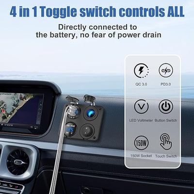 12 Volt USB Outlet RV Accessory 12V Marine Switch Panel, Dual PD30W and QC18W Car USB Port Aluminum Charger, Lighted 150W Cigarette Lighter Socket, Blue LED Voltmeter and Rocker Switch, 4 IN 1 DIY Kit