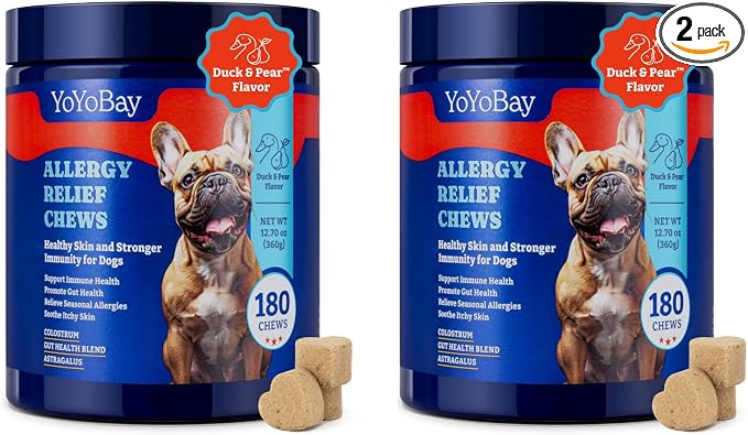Dog Allergy Relief Chews – 180 Soft Chews, Duck & Pear Flavor - Immune Support & Itch Relief with Colostrum, Astragalus Root, 6-Strain Gut Health Blend, 2 Pack
