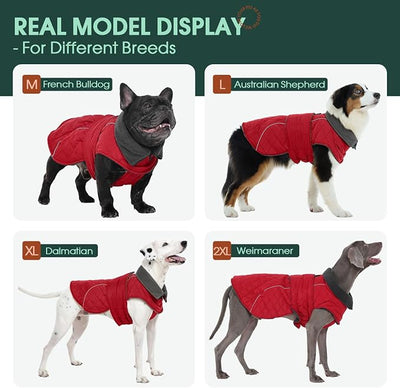 Kuoser Dog Coat, Super-Warm Dog Jacket Windproof Pet Cold Weather Coats for Extra Large Dogs, Fleece Lining Quilted Turtleneck Puppy Snowsuit Reflective Adjustable Doggie Winter Clothes, Red, 3XL