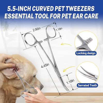 Dog Ear Hair Removal Tool with Ear Powder – 5.5” Curved Locking Forceps – Helps Remove Excess Ear Hair, Absorb Moisture & Reduce Odor for Poodles, Schnauzers, Shih Tzus & Cocker Spaniels
