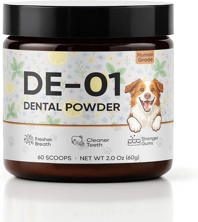 Dental Powder DE-01 - Dog Dental Powder Supplement for Teeth Cleaning Powder to Reduce Plaque, Tartar Build-up, and Bad Breath, Oral Microbiome Balance - 2oz