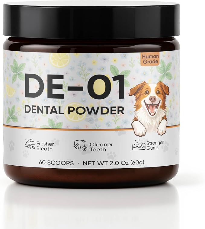 Dental Powder DE-01 - Dog Dental Powder Supplement for Teeth Cleaning Powder to Reduce Plaque, Tartar Build-up, and Bad Breath, Oral Microbiome Balance - 2oz