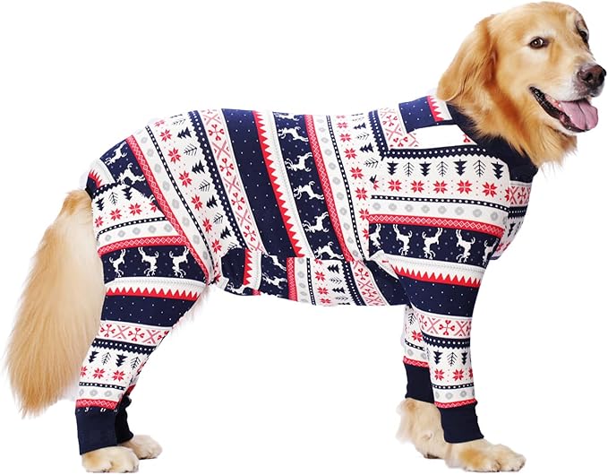 Dog Recovery Suit After Surgery Female Male, Medium Large Dog Neuter Shirt Cone Alternatives Prevent Licking Surgical Onesies (Christmas Blue, 3XL)