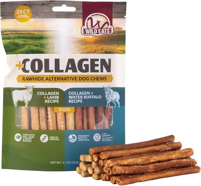 Wild Eats Lamb and Water Buffalo Collagen Sticks for Dogs (25 Pack, 0.6 cm Wide) Long Lasting Dog Chews No Hide Dog Treat Bully Stick Alternative, Rawhide Free, Grain Free, High Protein