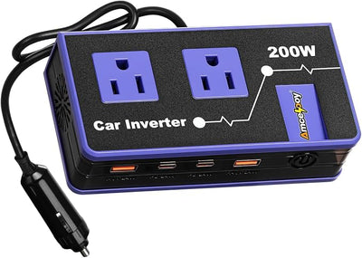 200W Car Power Inverter, Amcelooy Dual DC 12V to 110V AC Car Outlet Adapter to Wall Plug,Fast Charging 24W USB-C & USB Ports,Car Charger for Laptop, Vehicles, Road Trip Essentials(Purple)