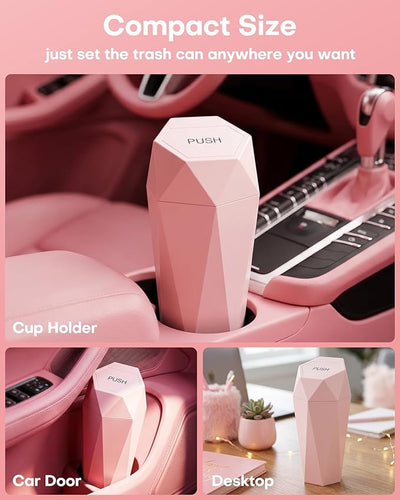 HOTOR Car Trash Can with Lid - 1 Pack, Car Accessories for Interior, Leakproof Vehicle Garbage Can with 15 Attached Trash Bags, Multipurpose Organizers and Storage for Home, Office, Pink