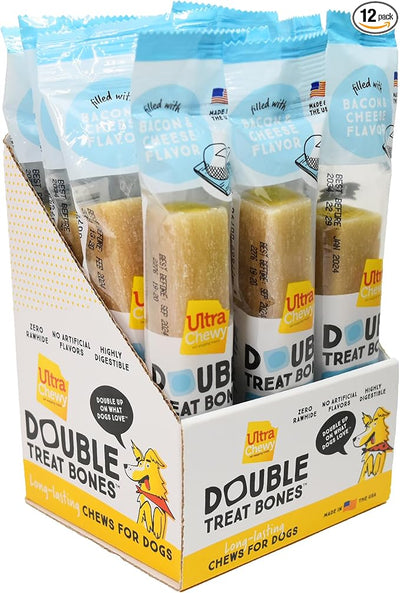 Ultra Chewy Bacon and Cheese Double Treat Bones: Long-Lasting Dog Treats Made in USA for Large and Small Breeds, Highly Digestible, Ideal for Aggressive Chewers (12 Count)