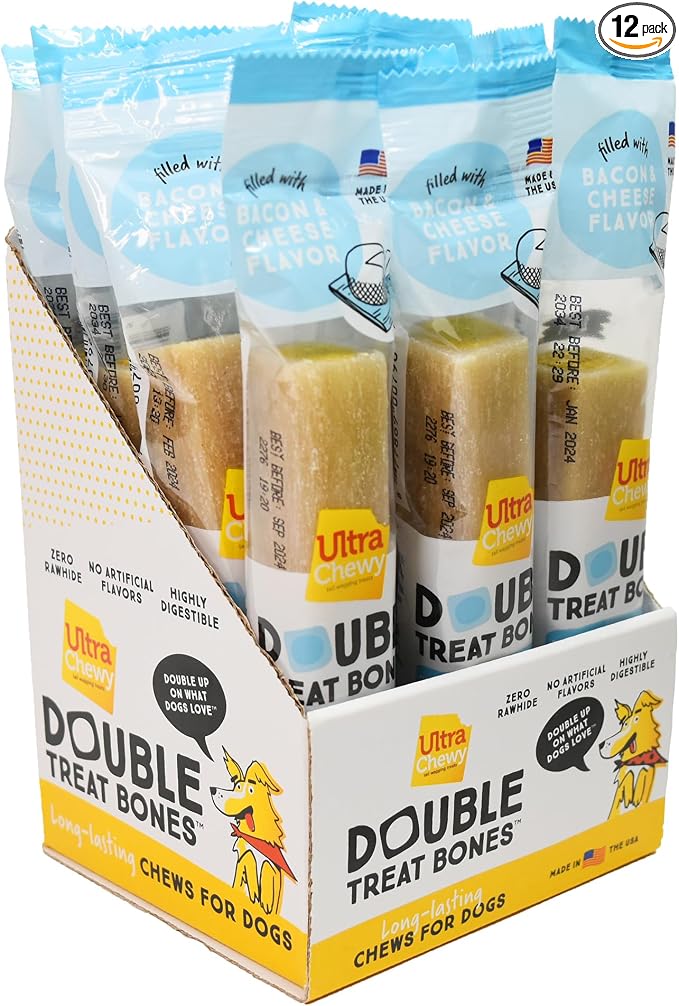 Ultra Chewy Bacon and Cheese Double Treat Bones: Long-Lasting Dog Treats Made in USA for Large and Small Breeds, Highly Digestible, Ideal for Aggressive Chewers (12 Count)