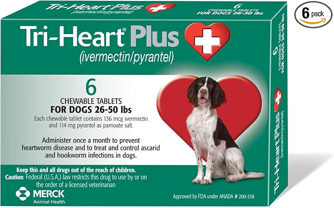 TRI-HEART PLUS Chewable Tablet for Dogs, 26-50 lbs (Green Box), 6 Chewable Tablets, 6-Month Supply