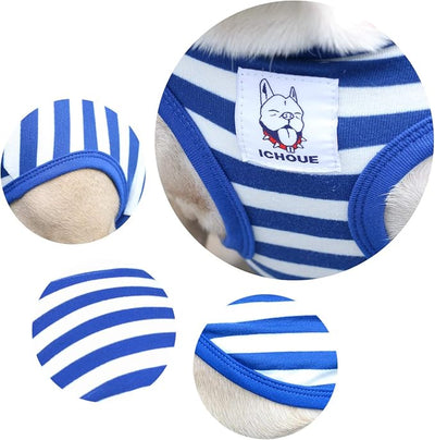 iChoue French Bulldog 100% Breathable Cotton Striped T Shirts Halloween Vest Clothes for Small Dogs Tank Tops Puppy Frenchie Pug English Boston Terrier Pitbull White Blue Stripes - Medium