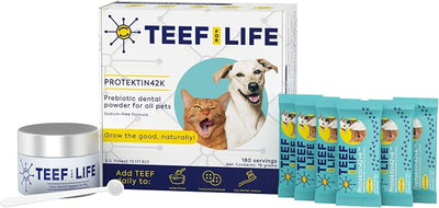 TEEF FOR LIFE Protektin42K Prebiotic Cat and Dog Dental Powder Kit - Tasteless Dog Breath Freshener & Food and/or Water Additive - No Sodium - Pet Plaque & Tartar Support, 180 Servings - 6 Packets