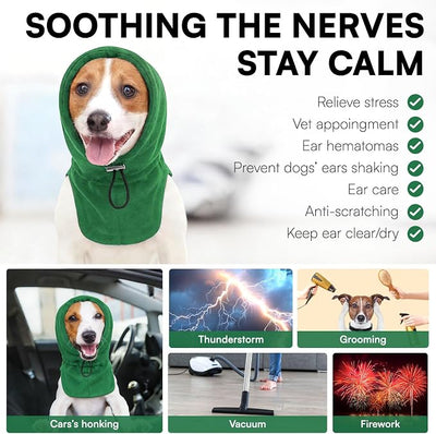 Dog Calming Hoodie - No Shake Ear Wraps for Dogs, Anxiety Relief & Noise Protection, Pet Ear Cover for Thunderstorms, Firework, Grooming, Force Drying, Green L