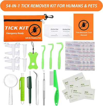 54-in-1 Tick Removal Tool Kit for Dogs, Cats and Humans, Stainless Steel Tweezers, Hooks, Pullers, Comb, Flea Comb and Orange Waterproof Case for Hiking Camping Outdoor