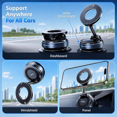 MUSEL Magnetic Car Phone Holder for MagSafe, Vacuum Mount for iPhone 17-12 | 88 lb suction hold, 2600 gf magnetic force, 22 N55 magnets, 360 degree rotation, bottom plate and ring included, dash mount