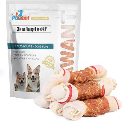 Chicken Wrapped Rawhide Bones Dog Treats, 6.5 Inch Large Knots for Medium and Large Dogs, High Protein 65% Long Lasting Dog Chews, 8 Ounces