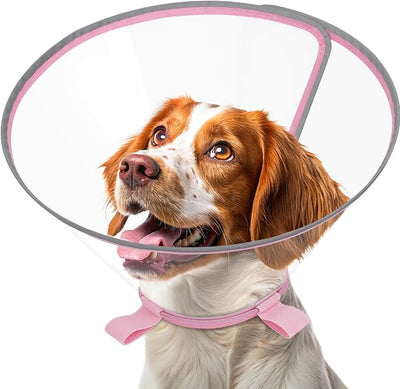 Clear Dog Cone for Medium Dogs After Surgery, Adjustable E-Collar to Stop Licking with Padded Neck for Brittany, Soft Recovery Collar with Reflective Trim for Night Visibility, Pink S/M