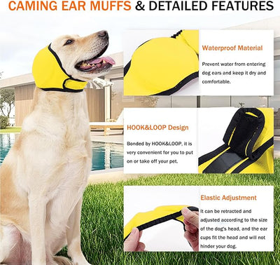 BAMY Swimming Waterproof Dog Ear Caps Calming Large Dog Ears Cover Shower Cap for Ear Protection for Bath for Grooming (Yellow, M (Head Circumference 14"-19"))