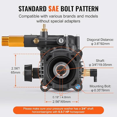 VEVOR Pressure Washer Pump, 3/4" Shaft Horizontal, 3500 PSI, 2.5GPM, Replacement Power Washer Pumps Kit with 5 Nozzles, Hardware and Siphon Tube, Compatible with Simpson, Honda, Troy-Bilt, Generac