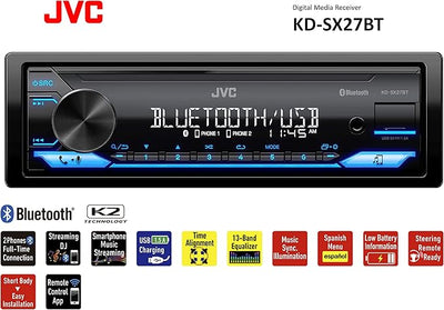 JVC KD-SX27BT Car Stereo with Bluetooth, 100W Digital Media Receiver, 1.5A USB, Single DIN Head Unit with AM/FM Radio & AUX-in, iOS/Android JVC Remote App, 13-Band EQ, Dual Phone Connection