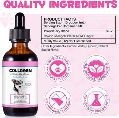 Collagen for Dogs, Dog Collagen Liquid Drops with Biotin, MSM & Ginger Digestive & Immunity Support, Itch Relief, Skin & Coat and Joint Health, Dog Supplement 60ml ﻿