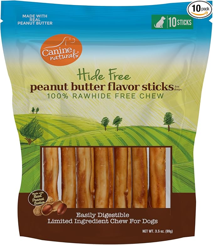 Canine Naturals Peanut Butter Chew - Rawhide Free and Dog Treats - Made from Real Peanut Butter - All-Natural and Easily Digestible - 10 Pack of 5 Inch Stick Chews