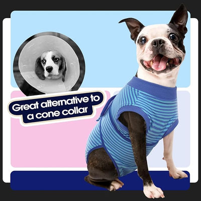 FUAMEY Recovery Suit for Dogs After Surgery,Soft Breathable Dog Bodysuit E-Collar & Cone Alternative Surgical Suit,Male Female Dog Neuter Spay Suits Anti Licking Wounds Onesie Navy Blue Strips XL