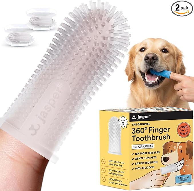 Jasper Dog Toothbrush, 360 Degree Dog Tooth Brushing Kit, Cat Toothbrush, Canine Dental Care & Teeth Cleaning Kit, Pet Finger Tooth Brush, Use with Pet Toothpaste, 2-Pack Clear
