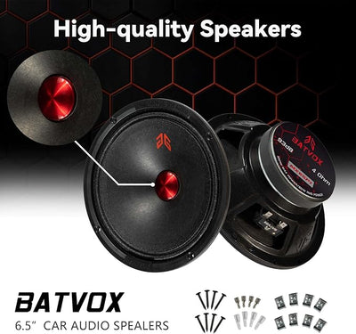 MX65P1 Loudspeaker 6.5 Inch Midrange 200 Watts 4 Ohms Red Dust Cap, Premium Quality Audio Door Speakers for Car or Truck Stereo Sound System, Black (2 Speakers)
