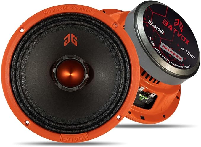 MX65E2 Loudspeaker 6.5 Inch Midrange 480 Watts 4 Ohms Orange Bullet, Premium Quality Audio Door Speakers for Car or Truck Stereo Sound System, Orange (2 Speakers)
