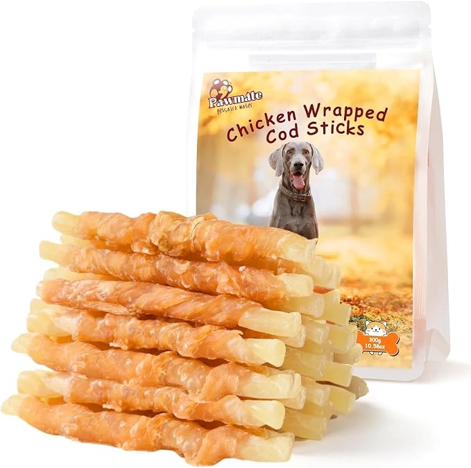 Pawmate Dog Treats Chicken Wrapped Cod Sticks, Natural Chicken Cod Jerky Treats Rich in Omega-3, High Protein Chewy Training Treats Dog Snacks for Small Medium Large Dogs, 15-17 Counts, 10.6 oz