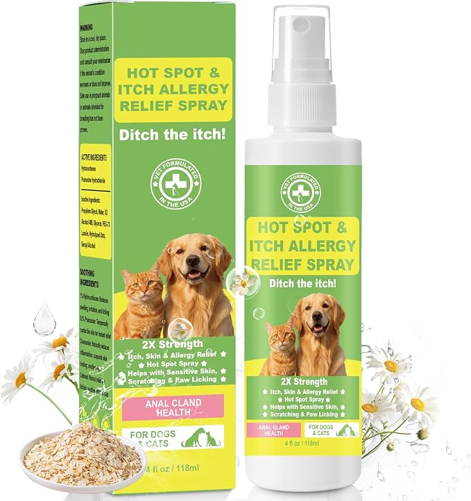 Hot Spot & Itch Relief Spray for Dogs & Cats – Itch Relief Spray with Chamomile & Oatmeal, Soothes Sensitive Skin, Scratching & Paw Licking, All Ages & Breeds, 4 oz